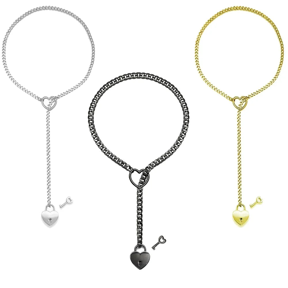 Pure Elegance | Adjustable Heart O-Ring Punk Rock Cuban Chain Necklace – Lariat Y-Style Necklace with Key & Heart Lock Pendant