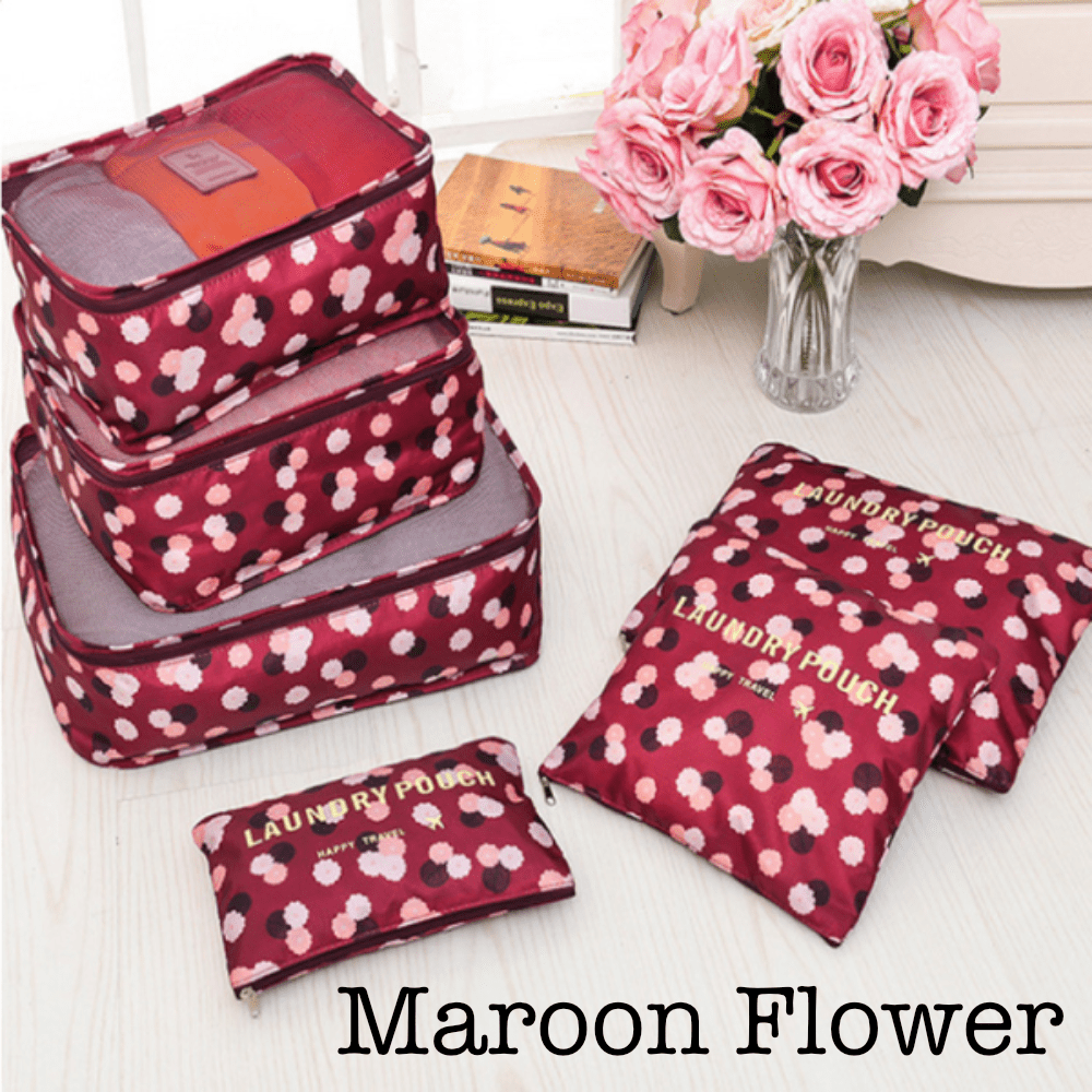 Pure Elegance | 6 Piece Travel Organizer Maroon Flower