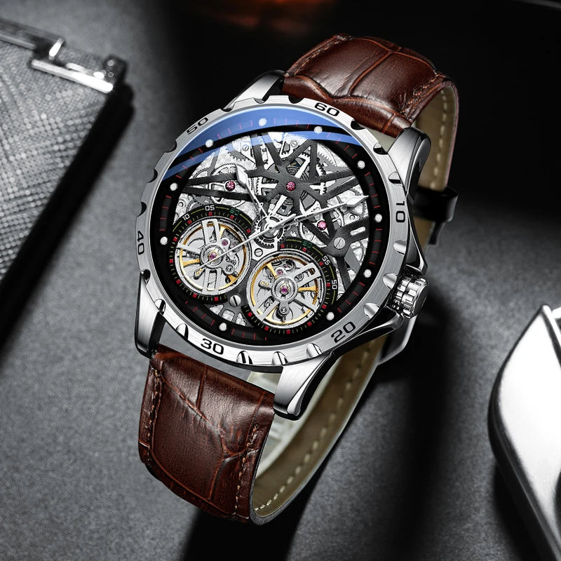 Pure Elegance | AILANG 2022 Men's Fashion Watch Automatic Double Pendulum Tourbillon Watch Luxury Clock Waterproof Business Mechanical Watch 18