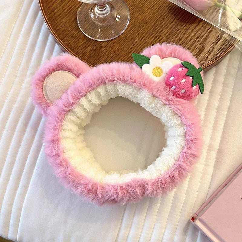 Pure Elegance | Kawaii Plush Bear Headband Lotso Strawberry Bear Plush Ears Headband Cartoon Face Wash Non-Slip Cute Headdress Baby Girl Gift PURPLE