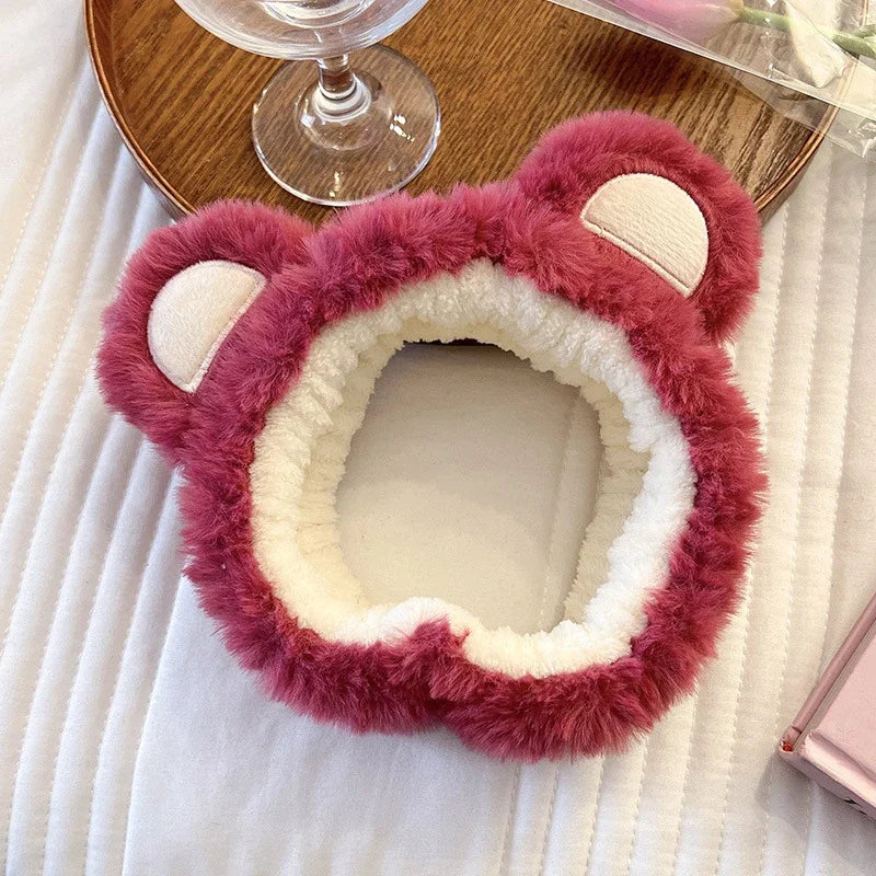 Pure Elegance | Kawaii Plush Bear Headband Lotso Strawberry Bear Plush Ears Headband Cartoon Face Wash Non-Slip Cute Headdress Baby Girl Gift Lavender