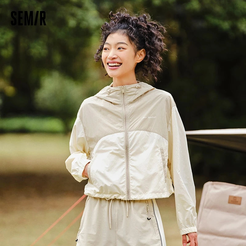 Pure Elegance | Semir Women Short Hooded Jacket 2024 Summer New Loose Fit Cool Sun Protection Jacket Textured Color Block Retro