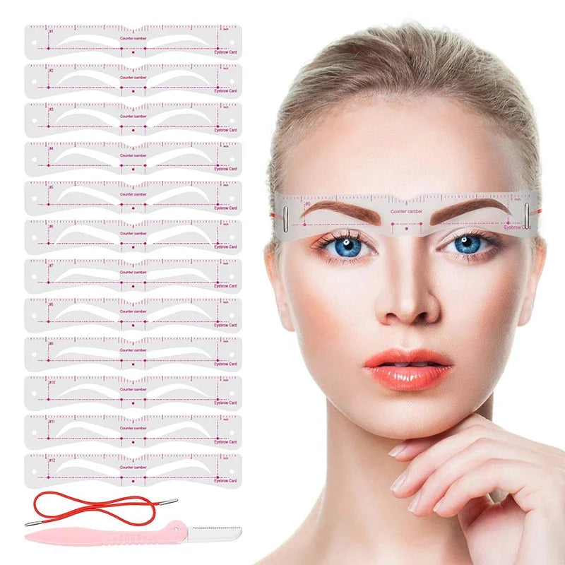 Pure Elegance | 12 Styles/set Reusable DIY Eye Brow Drawing Guide Styling Shaping Grooming Template Card Eyebrow Stencil Set Easy Make Up Tools