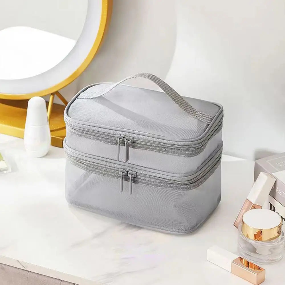 Pure Elegance | Women's Transparent Mesh Travel Cosmetic Bag Makeup and Toiletries Kit Storage Bag Make Up Organizer Bag grey-2 layer