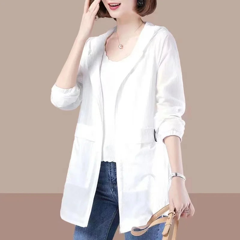 Pure Elegance | Spring Summer Women's Jacket Long Sleeve Tops Hooded Coat 2024 Thin Sun Protection Clothing Outdoor Sports Windbreaker Female white CHINA