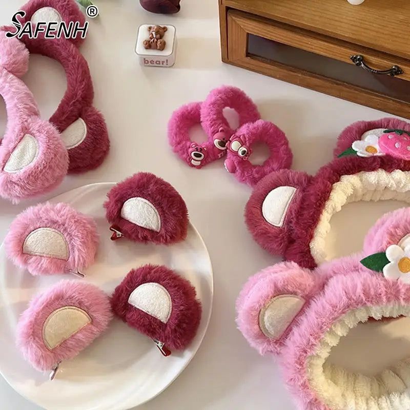 Pure Elegance | Kawaii Plush Bear Headband Lotso Strawberry Bear Plush Ears Headband Cartoon Face Wash Non-Slip Cute Headdress Baby Girl Gift