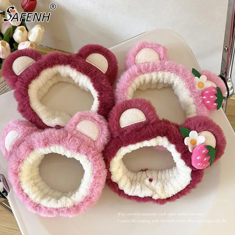 Pure Elegance | Kawaii Plush Bear Headband Lotso Strawberry Bear Plush Ears Headband Cartoon Face Wash Non-Slip Cute Headdress Baby Girl Gift