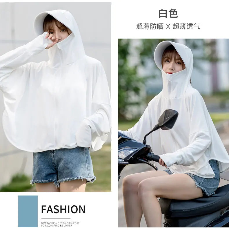 Pure Elegance | Summer Women Sun Protection Clothing UPF 50+ UV Ice Silk Sunscreen Clothing Hooded Sun Protection Clothing Outdoor UV Protection