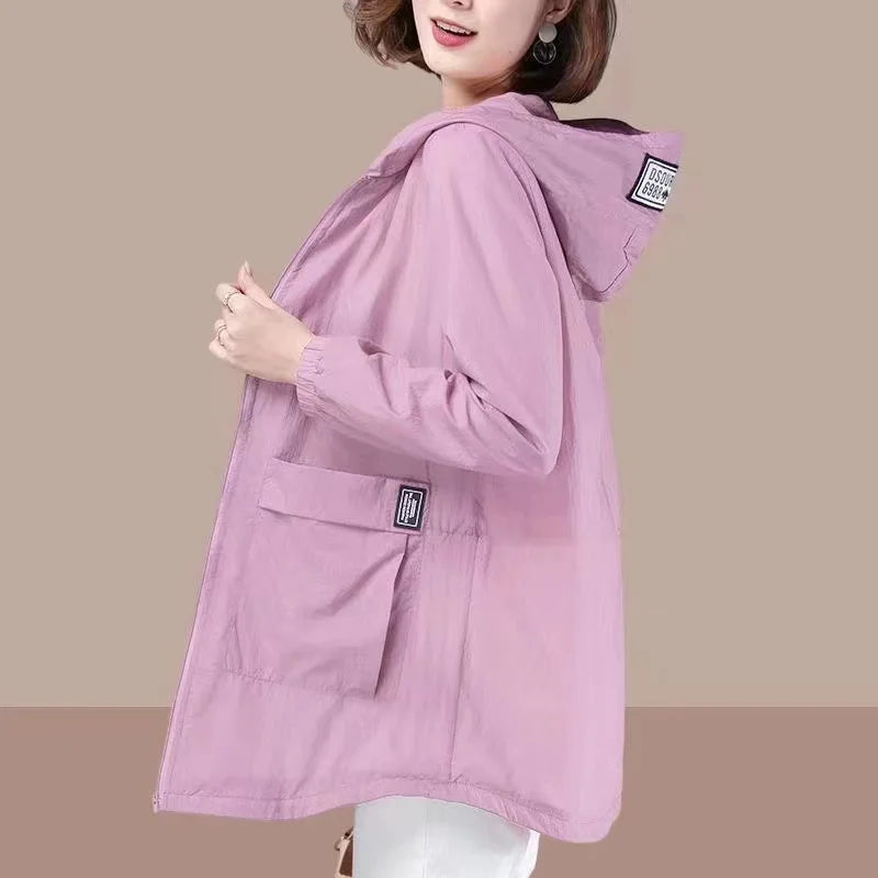Pure Elegance | Spring Summer Women's Jacket Long Sleeve Tops Hooded Coat 2024 Thin Sun Protection Clothing Outdoor Sports Windbreaker Female pink CHINA