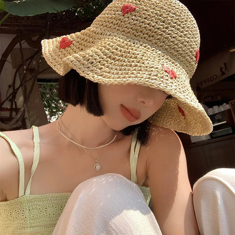 Pure Elegance | New Summer Straw Hat Women Breathable Sun Shading Straw Hat Seaside Vacation Foldable Sun Protection Fisherman Hat