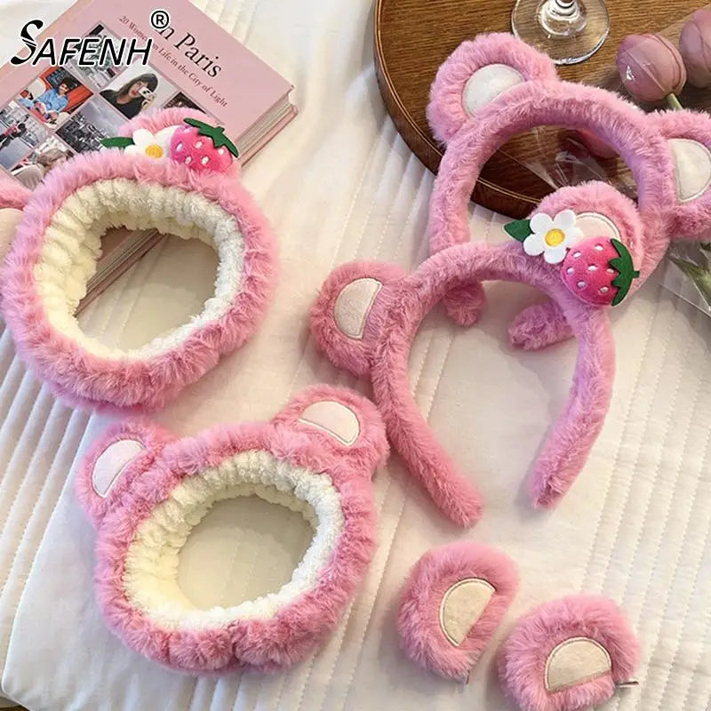 Pure Elegance | Kawaii Plush Bear Headband Lotso Strawberry Bear Plush Ears Headband Cartoon Face Wash Non-Slip Cute Headdress Baby Girl Gift
