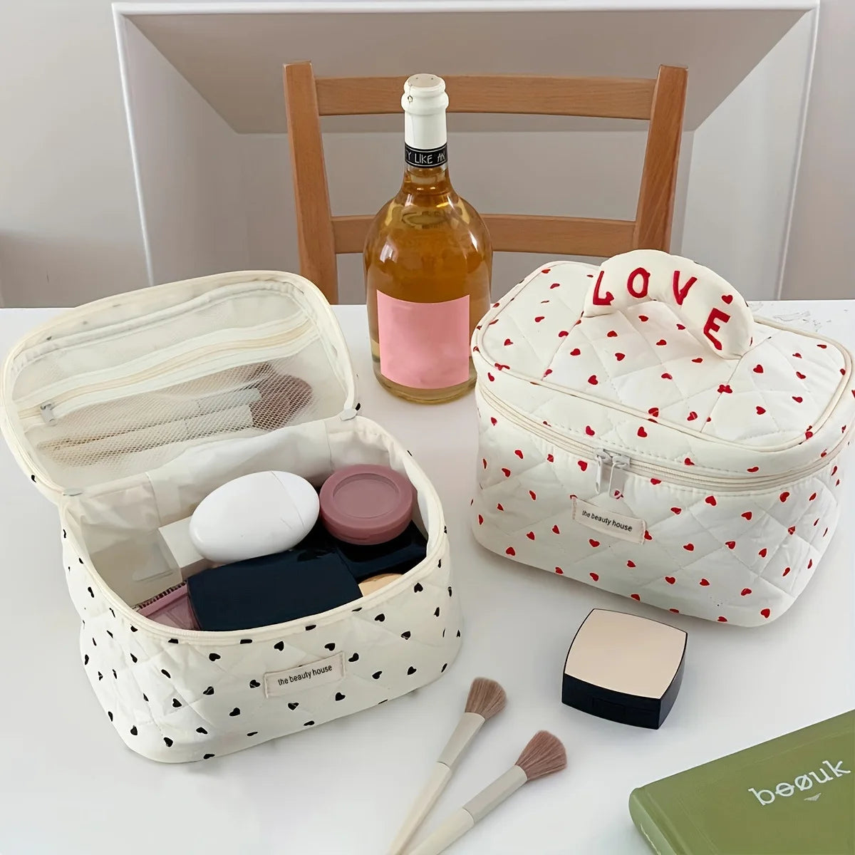 Pure Elegance | LOVE Mini Heart Print Soft Cotton Cosmetic Bags Korea Ins Storage Make Up Bags For Women Portable Travel Organizer Toiletry Bag