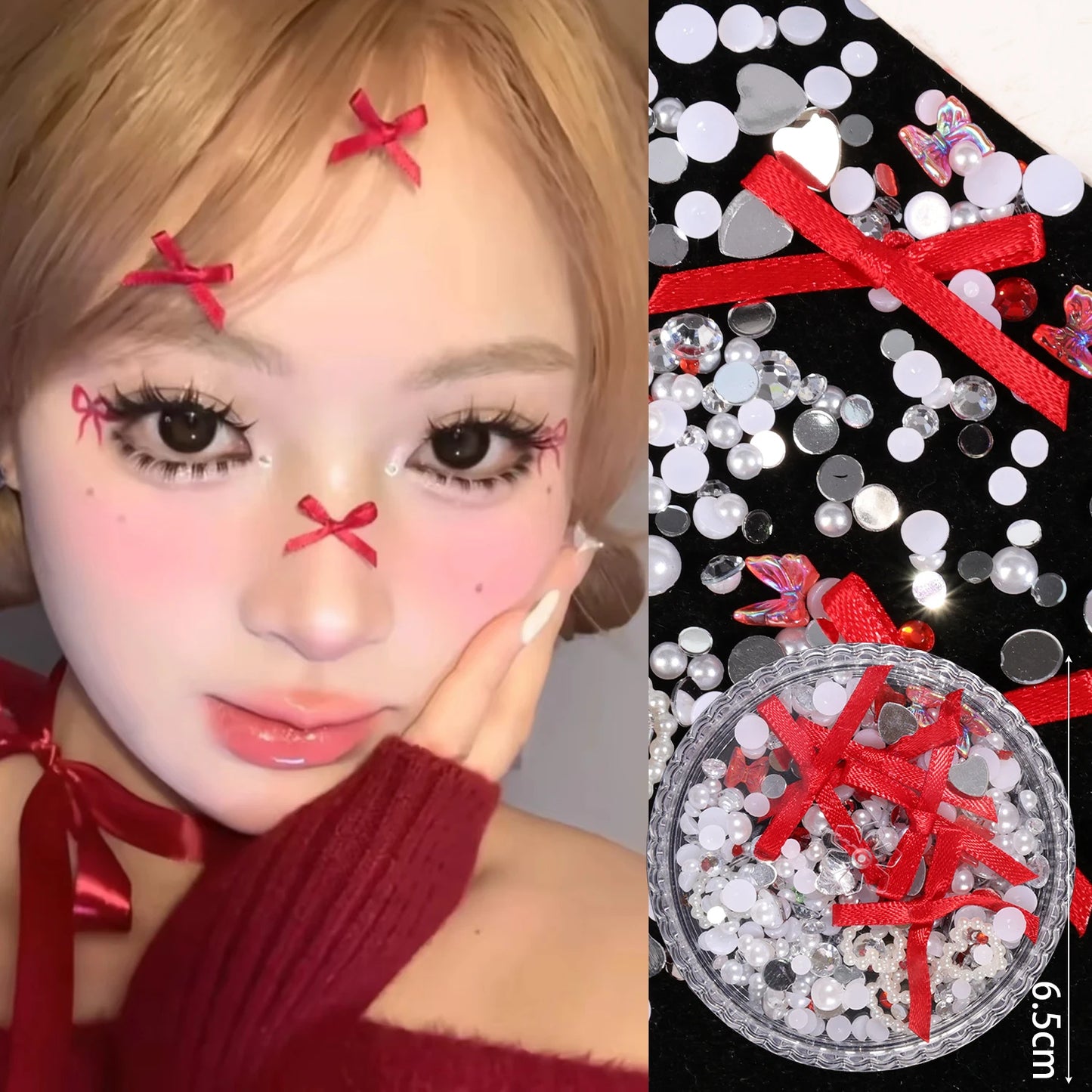 Pure Elegance | Sweet Face Jewelry Decoration 3D Bow Love Crystal Butterfly Diamond Facial Make Up DIY Rhinestone Glitter Temporary Tattoos red