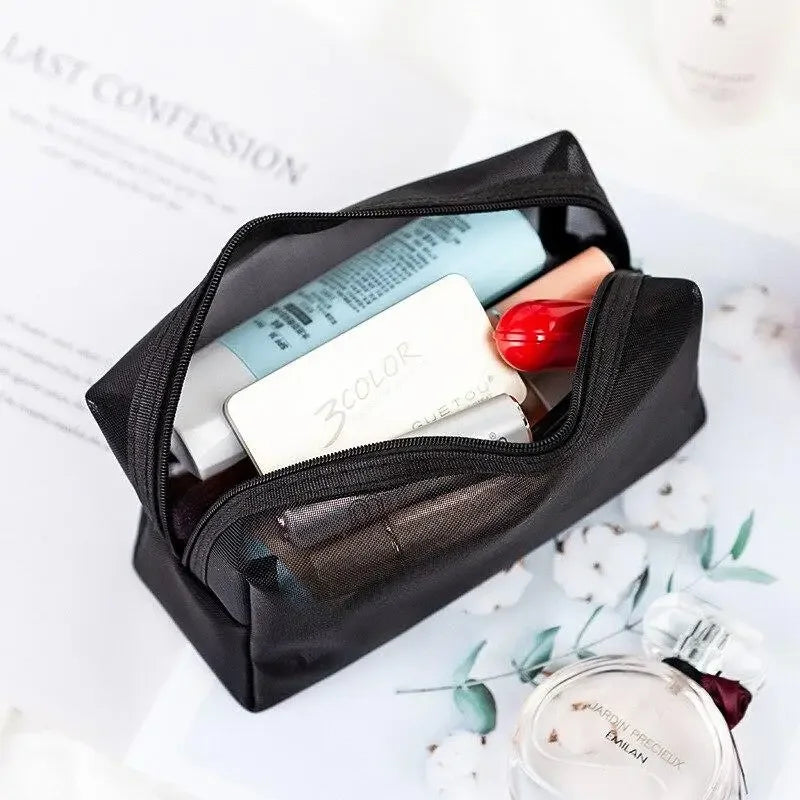 Pure Elegance | Black Nylon Mesh Cosmetic Bag Travel Portable Zipper Make Up Bag Makeup Case Bathroom Toiletry Organizer Pouch Wash Kit Bags