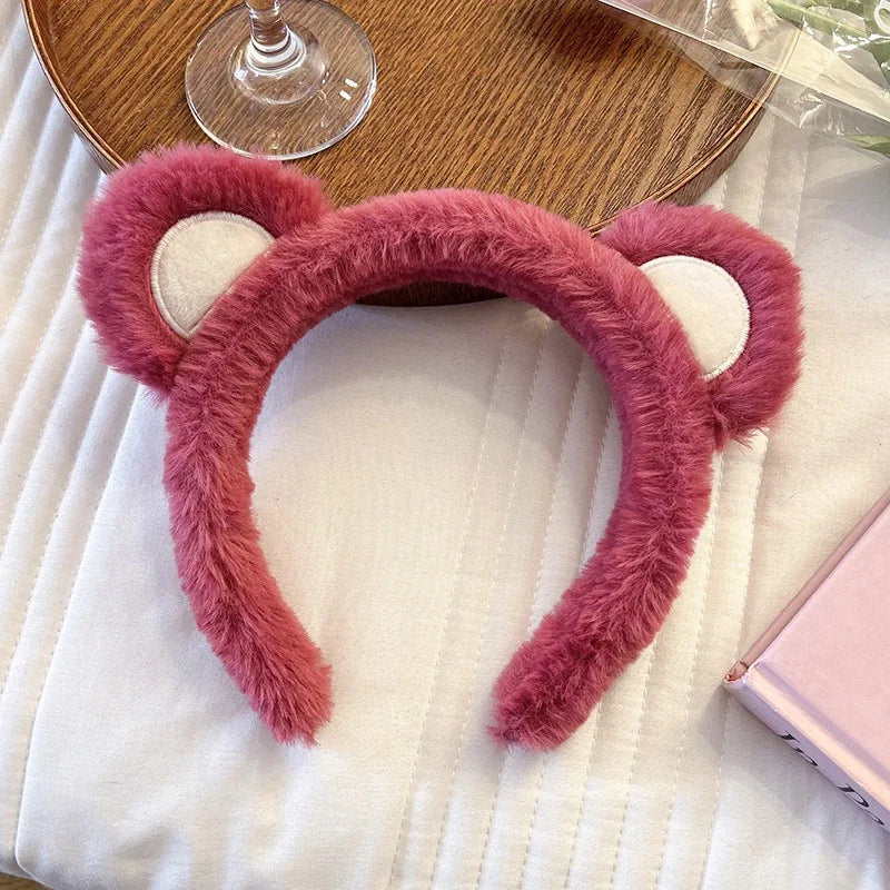 Pure Elegance | Kawaii Plush Bear Headband Lotso Strawberry Bear Plush Ears Headband Cartoon Face Wash Non-Slip Cute Headdress Baby Girl Gift GRAY