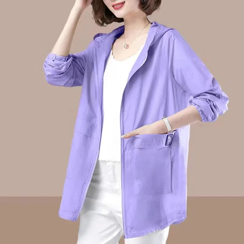 Pure Elegance | Spring Summer Women's Jacket Long Sleeve Tops Hooded Coat 2024 Thin Sun Protection Clothing Outdoor Sports Windbreaker Female purple CHINA