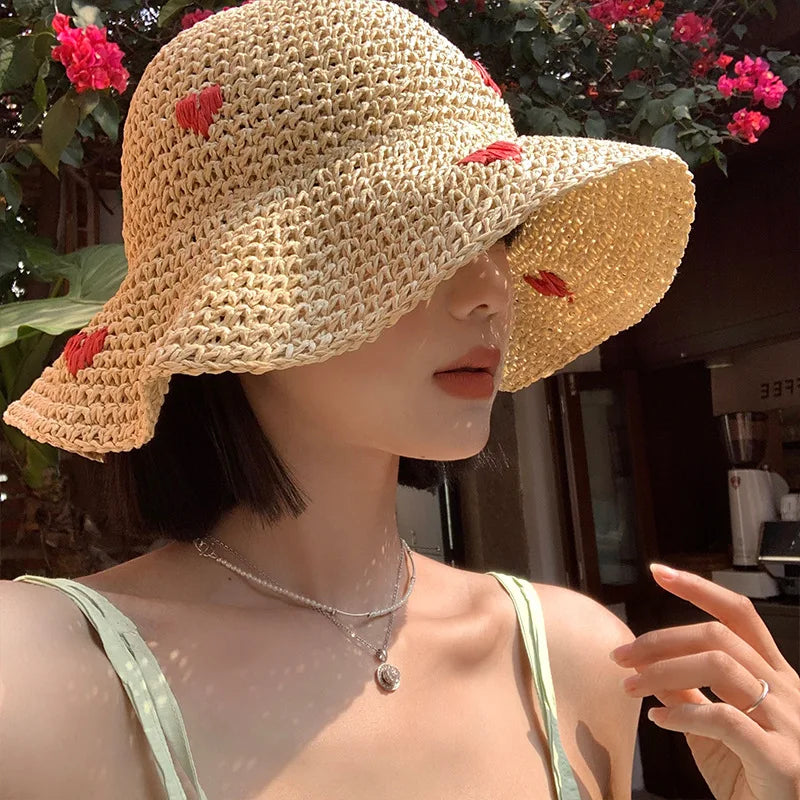 Pure Elegance | New Summer Straw Hat Women Breathable Sun Shading Straw Hat Seaside Vacation Foldable Sun Protection Fisherman Hat color1 56-58cm
