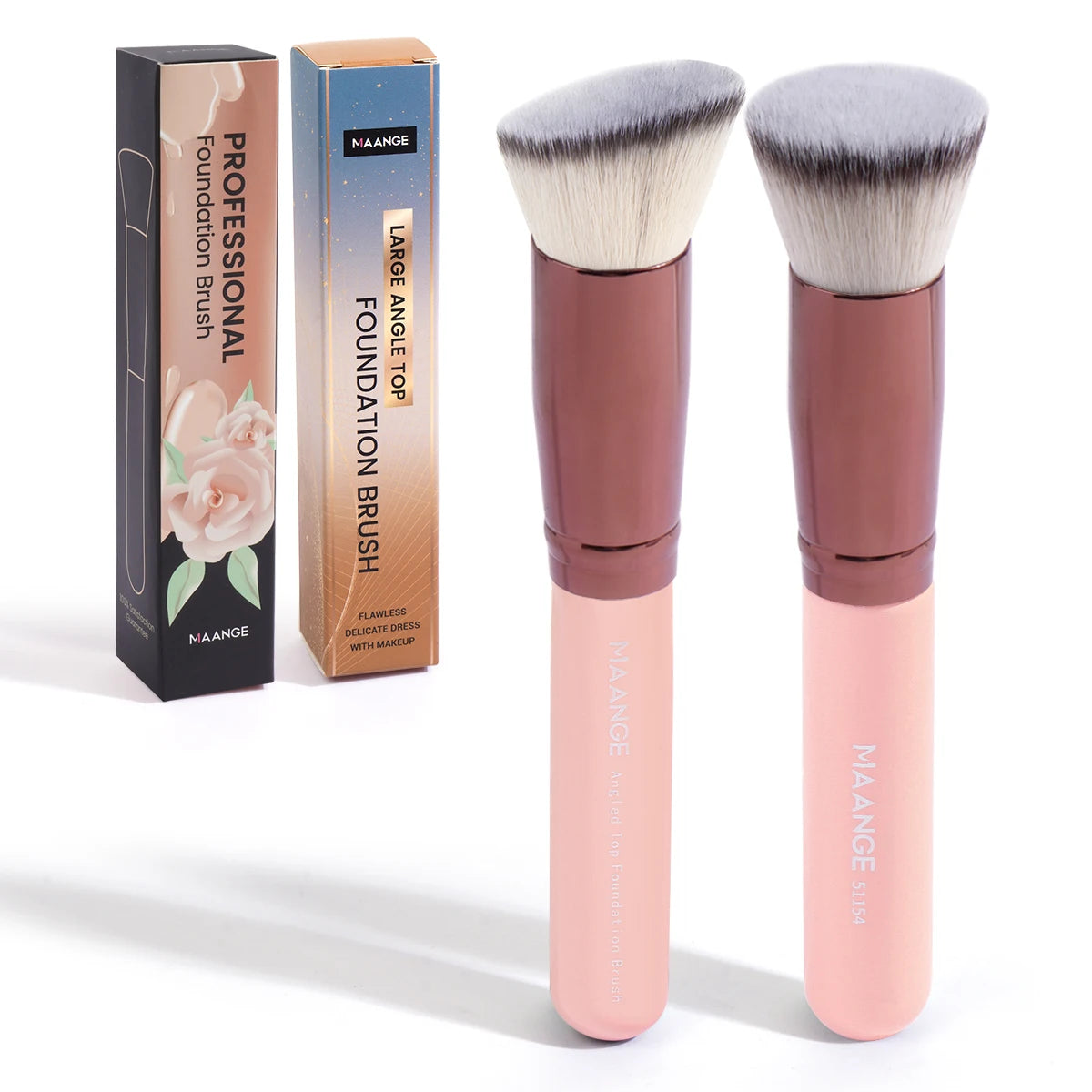 Pure Elegance | MAANGE 2PCS Foundation Makeup Brush Set Flat Angled Kabuki Powder Blush Brush For Liquid Soft Bristles Cosmetic Makeup Tools Pink