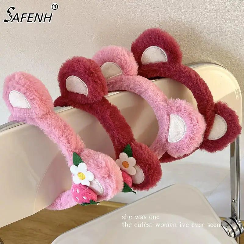Pure Elegance | Kawaii Plush Bear Headband Lotso Strawberry Bear Plush Ears Headband Cartoon Face Wash Non-Slip Cute Headdress Baby Girl Gift
