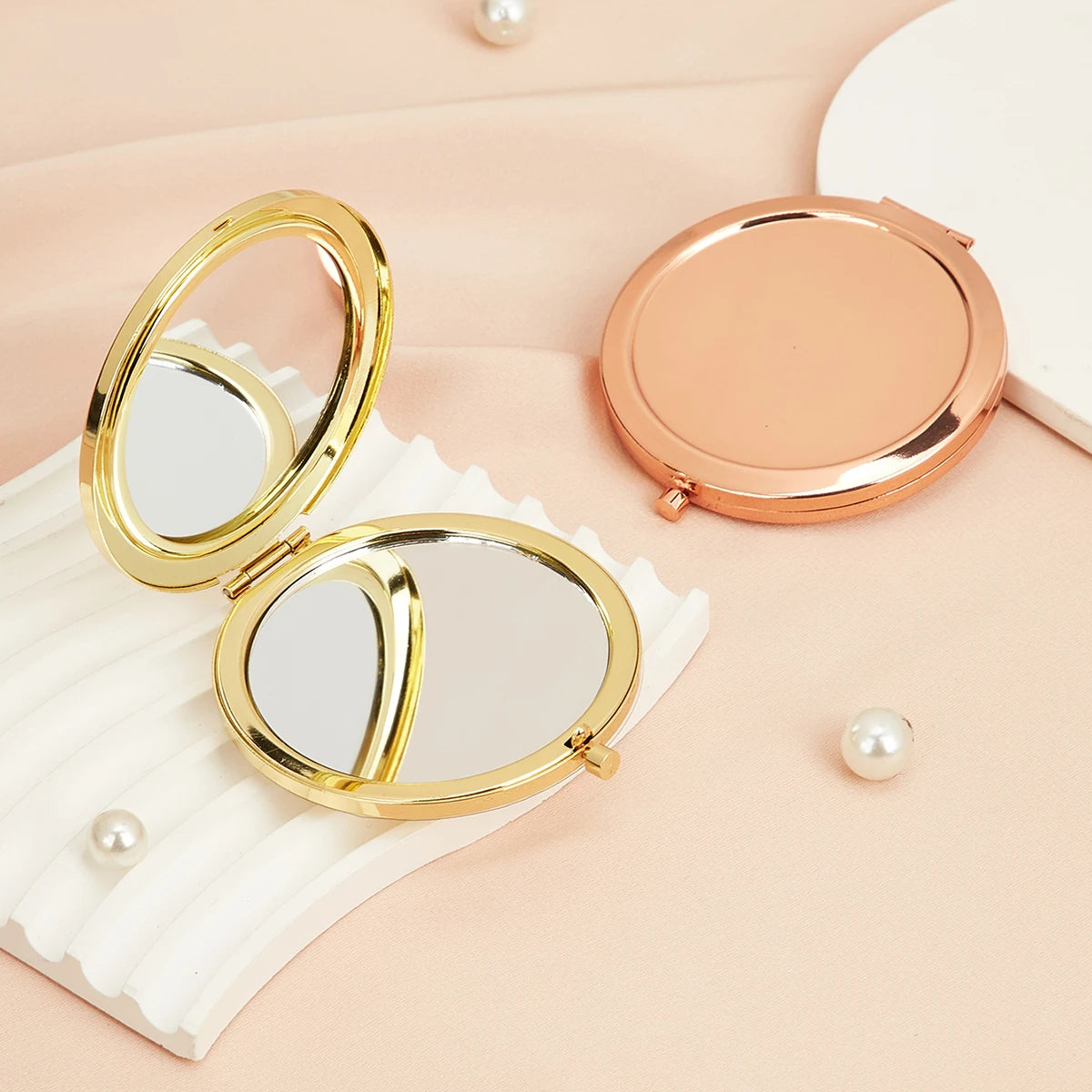 Pure Elegance | Round Makeup Mirror Double Side Metal Mirror Magnifier HD Pocket Makeup Folding Mirror Hand Held Make Up Travel Mini Mirror