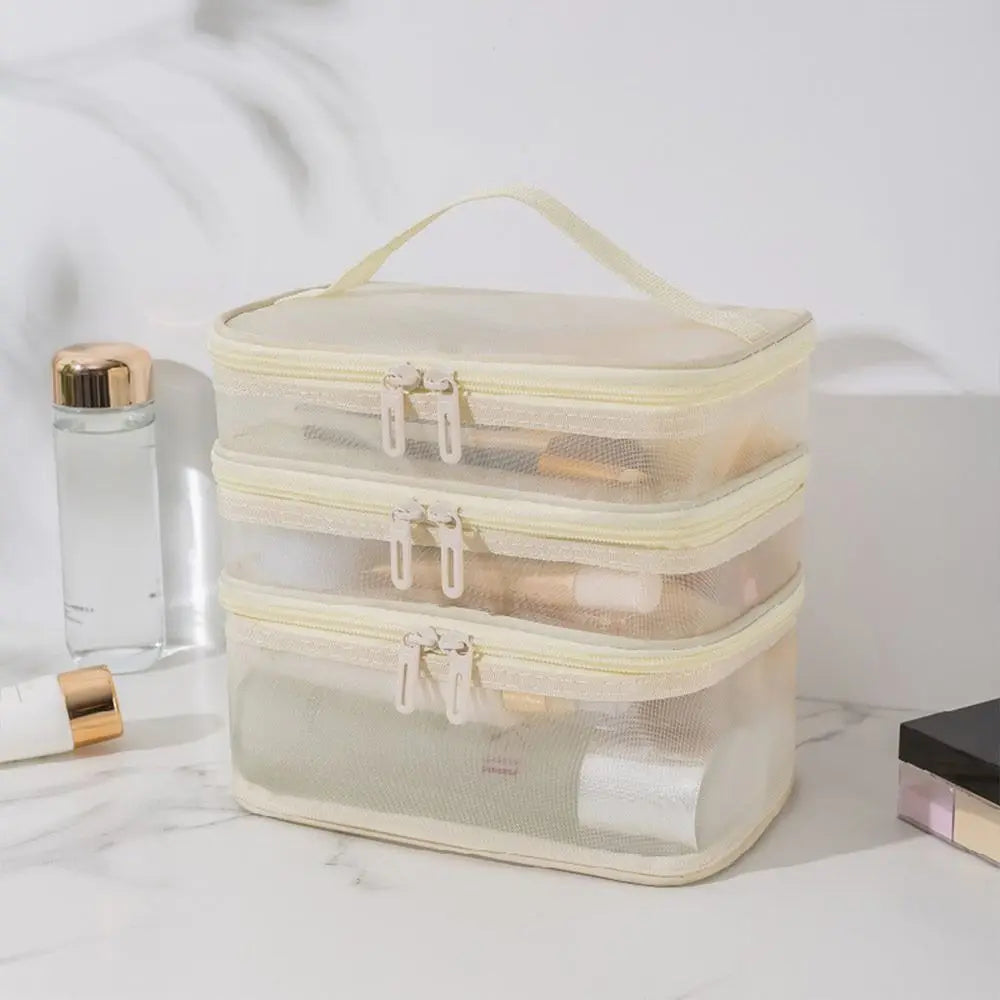 Pure Elegance | Women's Transparent Mesh Travel Cosmetic Bag Makeup and Toiletries Kit Storage Bag Make Up Organizer Bag beige-3 layer