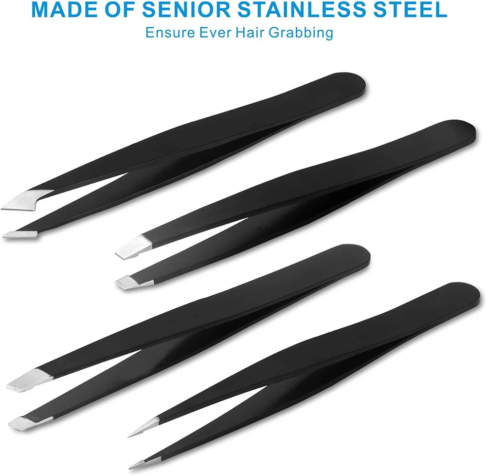Pure Elegance | 4PCS Tweezers Set Professional Makeup Tools Stainless Steel Tweezers for Eyebrows for Facial Hair and Ingrown Hair Removal