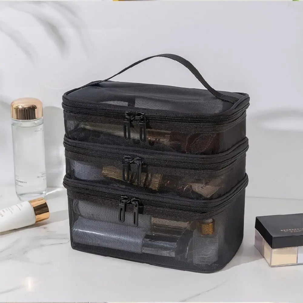 Pure Elegance | Women's Transparent Mesh Travel Cosmetic Bag Makeup and Toiletries Kit Storage Bag Make Up Organizer Bag black-3 layer