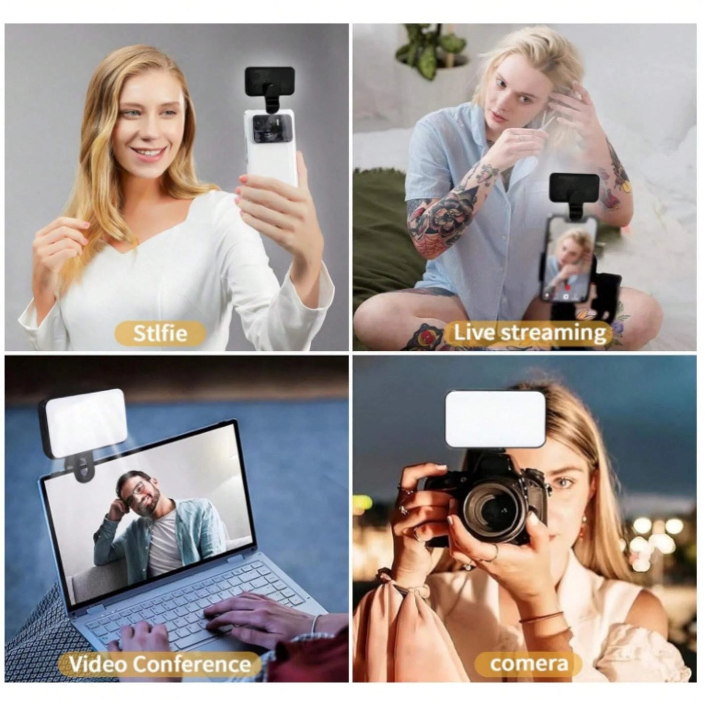 Pure Elegance | Portable Mini Selfie Fill Light Rechargeable 3 Modes Adjustable Brightness Clip On For Phone Laptop Tablet Meeting Make Up