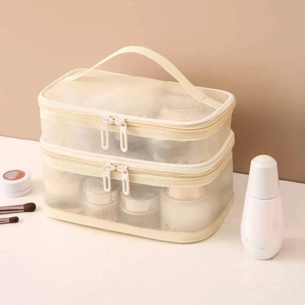 Pure Elegance | Women's Transparent Mesh Travel Cosmetic Bag Makeup and Toiletries Kit Storage Bag Make Up Organizer Bag beige-2 layer