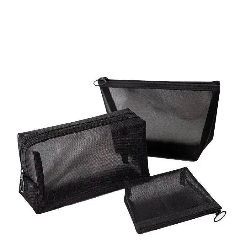 Pure Elegance | Black Nylon Mesh Cosmetic Bag Travel Portable Zipper Make Up Bag Makeup Case Bathroom Toiletry Organizer Pouch Wash Kit Bags