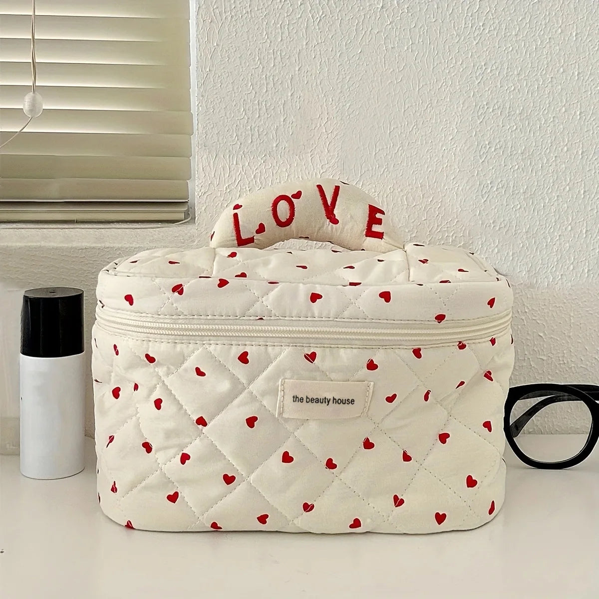 Pure Elegance | LOVE Mini Heart Print Soft Cotton Cosmetic Bags Korea Ins Storage Make Up Bags For Women Portable Travel Organizer Toiletry Bag Red