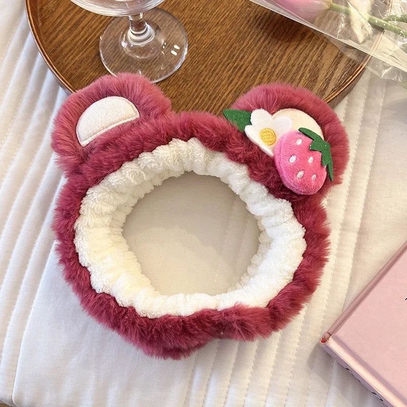Pure Elegance | Kawaii Plush Bear Headband Lotso Strawberry Bear Plush Ears Headband Cartoon Face Wash Non-Slip Cute Headdress Baby Girl Gift Pink