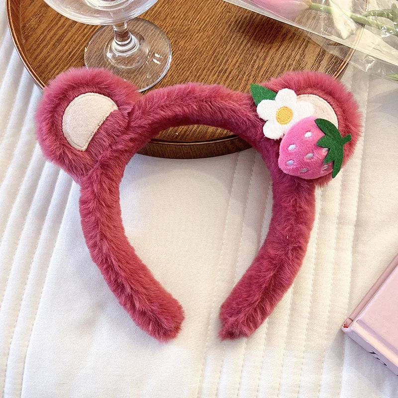 Pure Elegance | Kawaii Plush Bear Headband Lotso Strawberry Bear Plush Ears Headband Cartoon Face Wash Non-Slip Cute Headdress Baby Girl Gift Yellow