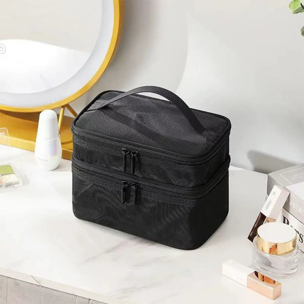 Pure Elegance | Women's Transparent Mesh Travel Cosmetic Bag Makeup and Toiletries Kit Storage Bag Make Up Organizer Bag black-2 layer