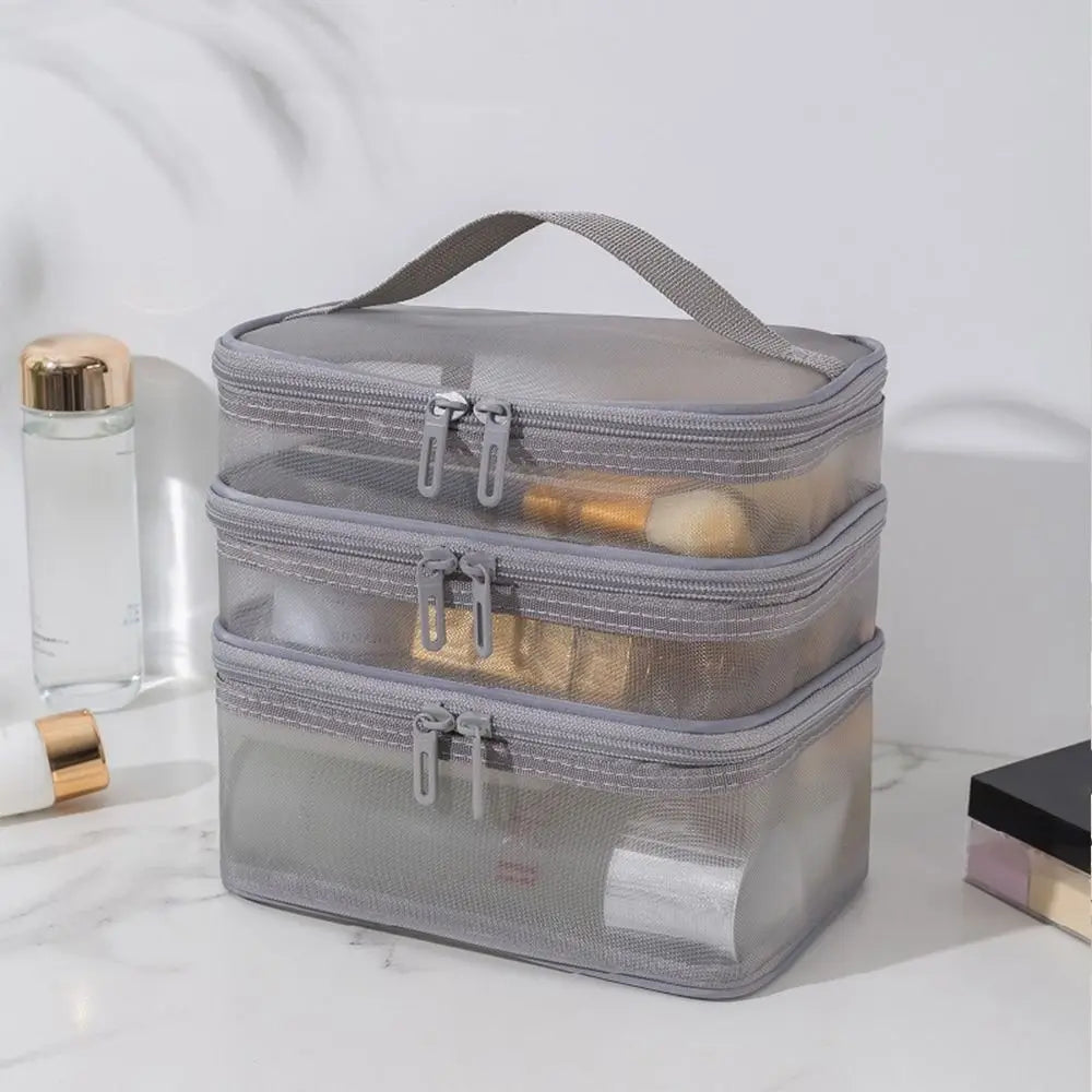 Pure Elegance | Women's Transparent Mesh Travel Cosmetic Bag Makeup and Toiletries Kit Storage Bag Make Up Organizer Bag grey-3 layer