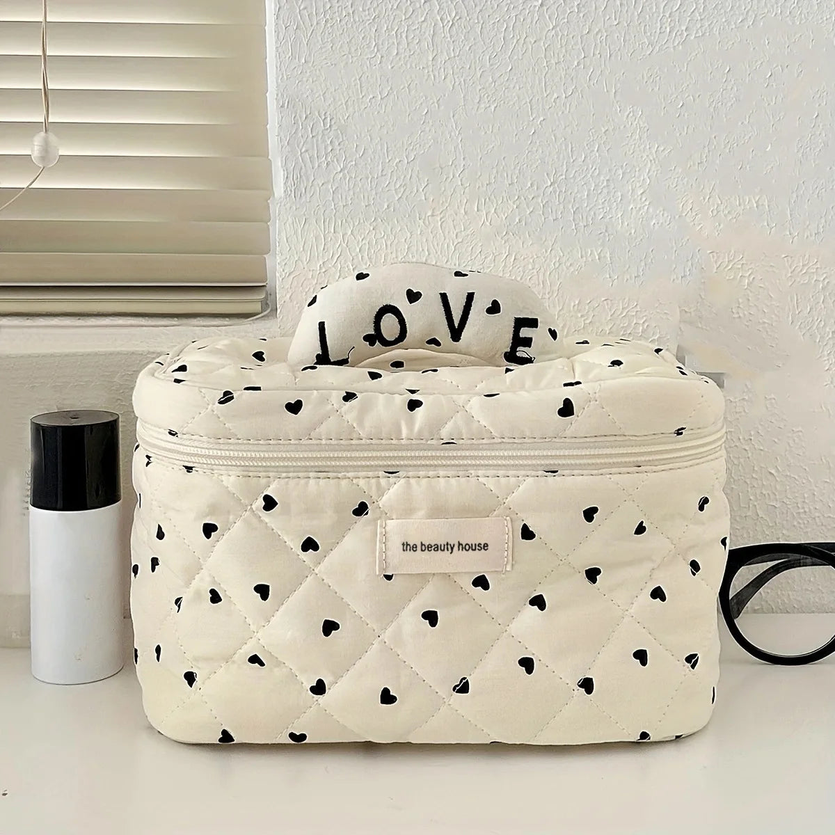 Pure Elegance | LOVE Mini Heart Print Soft Cotton Cosmetic Bags Korea Ins Storage Make Up Bags For Women Portable Travel Organizer Toiletry Bag Black