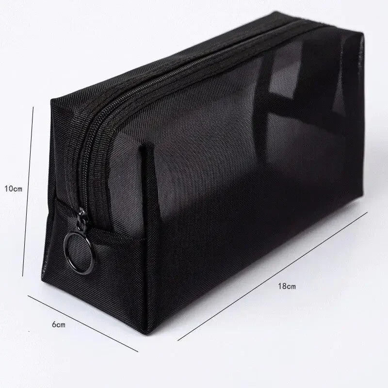 Pure Elegance | Black Nylon Mesh Cosmetic Bag Travel Portable Zipper Make Up Bag Makeup Case Bathroom Toiletry Organizer Pouch Wash Kit Bags 18x10x6cm
