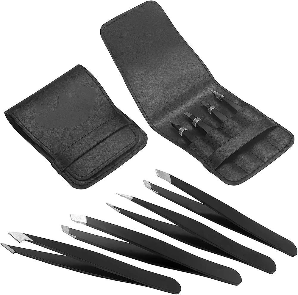 Pure Elegance | 4PCS Tweezers Set Professional Makeup Tools Stainless Steel Tweezers for Eyebrows for Facial Hair and Ingrown Hair Removal 4pcs with bag