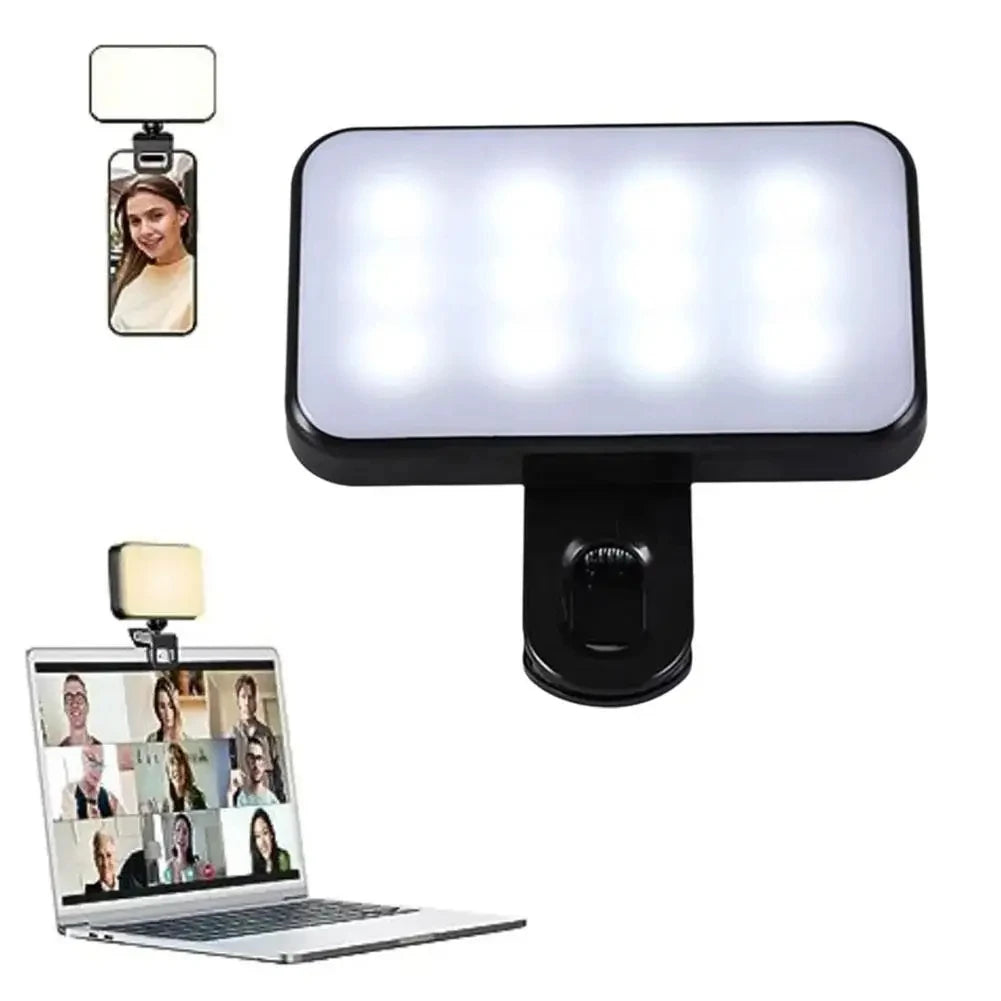 Pure Elegance | Portable Mini Selfie Fill Light Rechargeable 3 Modes Adjustable Brightness Clip On For Phone Laptop Tablet Meeting Make Up