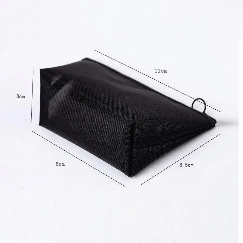 Pure Elegance | Black Nylon Mesh Cosmetic Bag Travel Portable Zipper Make Up Bag Makeup Case Bathroom Toiletry Organizer Pouch Wash Kit Bags 11x8x3cm