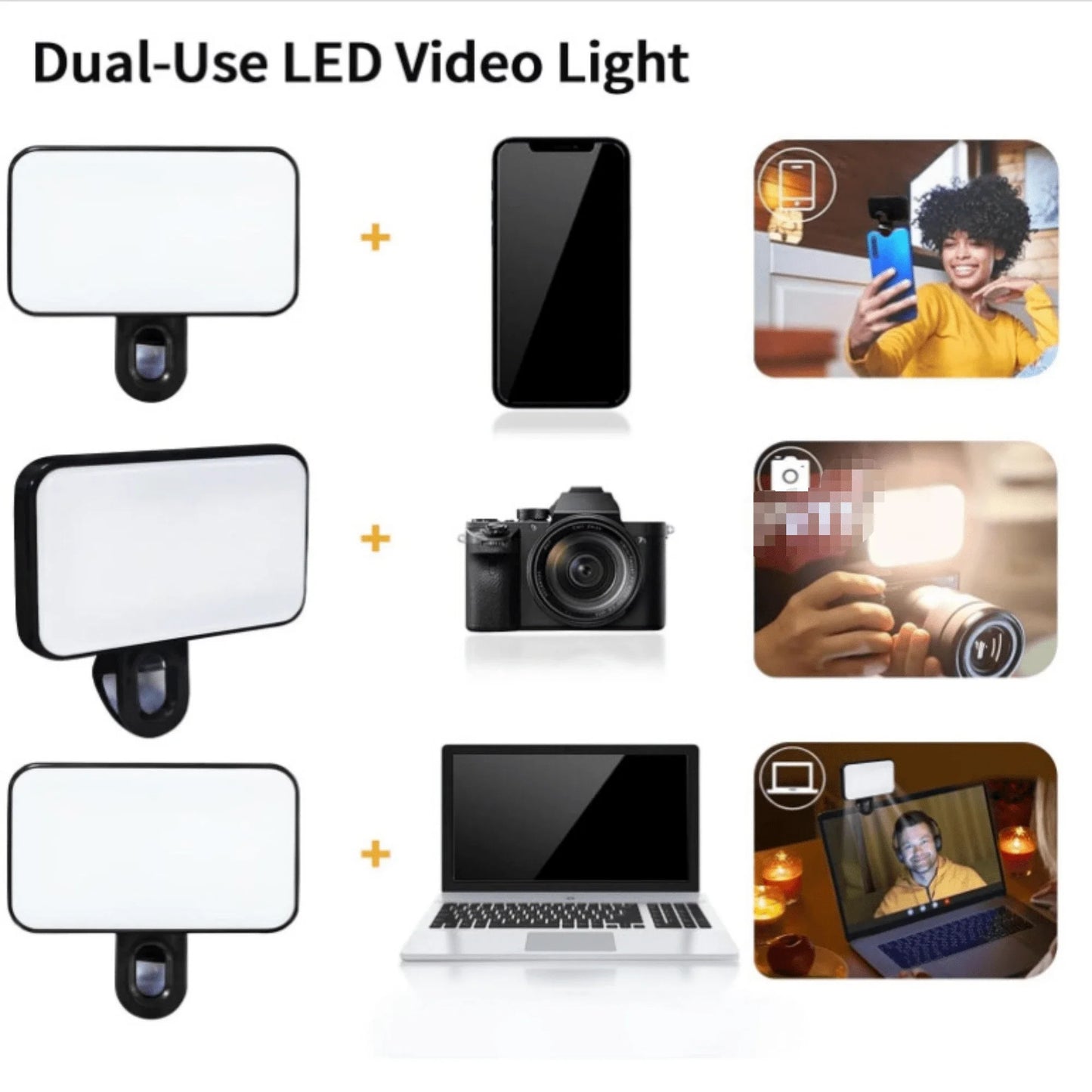 Pure Elegance | Portable Mini Selfie Fill Light Rechargeable 3 Modes Adjustable Brightness Clip On For Phone Laptop Tablet Meeting Make Up