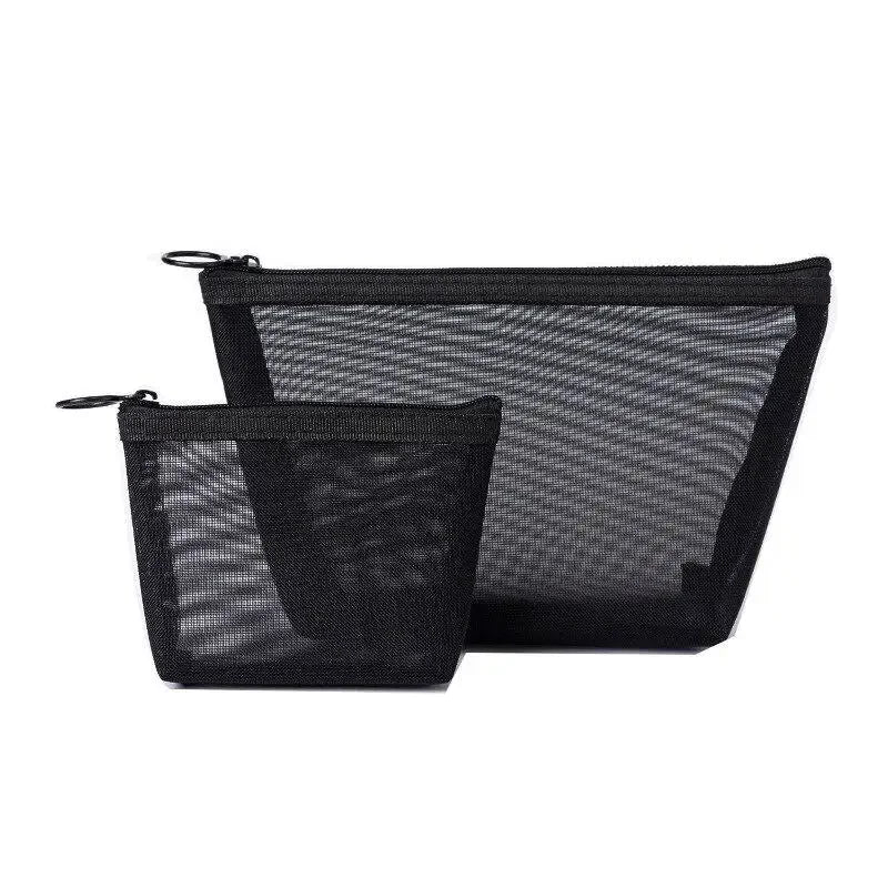 Pure Elegance | Black Nylon Mesh Cosmetic Bag Travel Portable Zipper Make Up Bag Makeup Case Bathroom Toiletry Organizer Pouch Wash Kit Bags