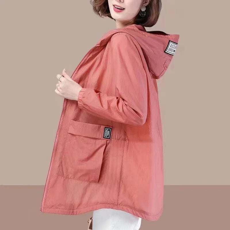 Pure Elegance | Spring Summer Women's Jacket Long Sleeve Tops Hooded Coat 2024 Thin Sun Protection Clothing Outdoor Sports Windbreaker Female rust red CHINA