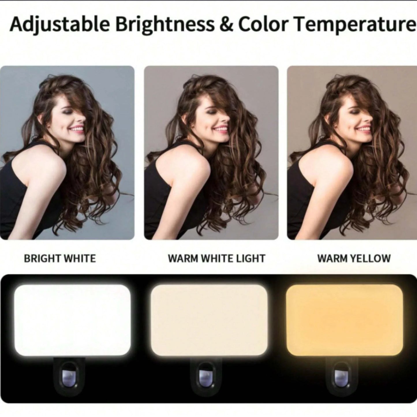 Pure Elegance | Portable Mini Selfie Fill Light Rechargeable 3 Modes Adjustable Brightness Clip On For Phone Laptop Tablet Meeting Make Up