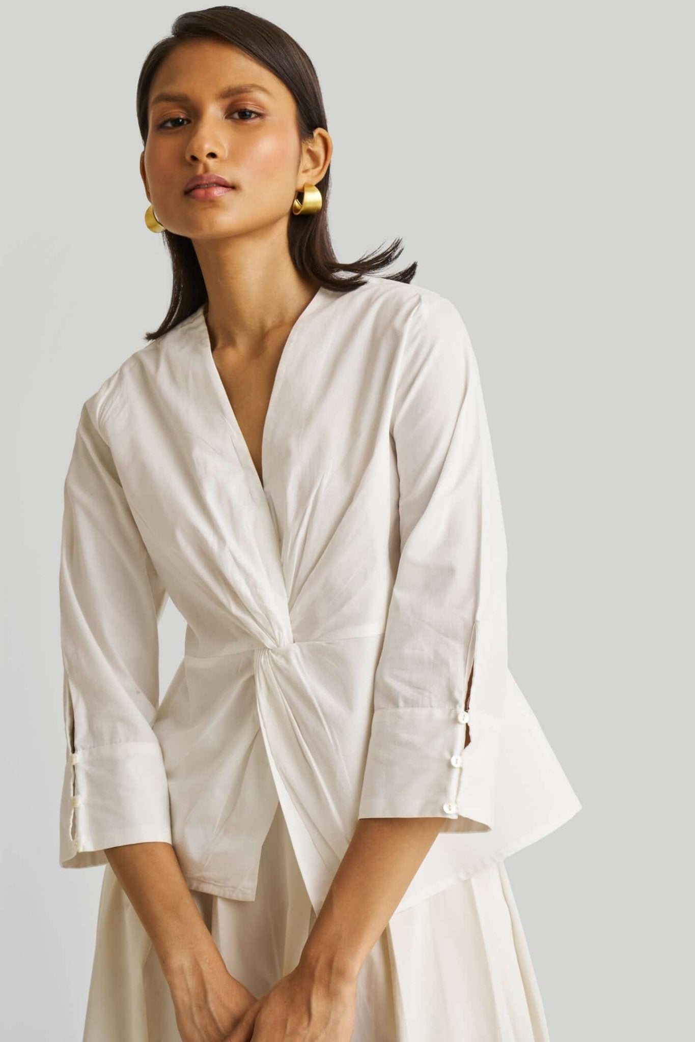 Pure Elegance | Front Twist Top | White Organic Cotton Blouse