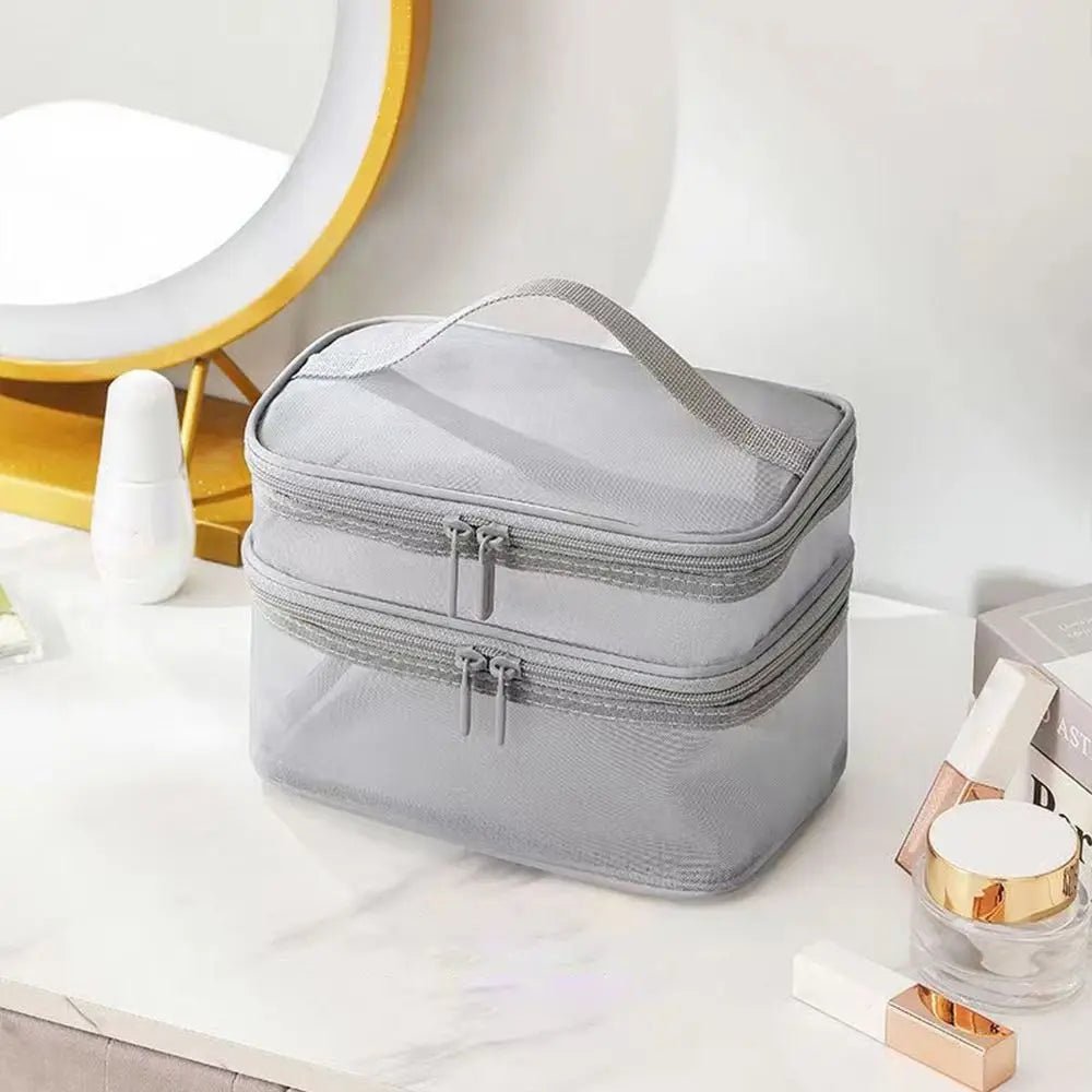 Pure Elegance | Women's Transparent Mesh Travel Cosmetic Bag Makeup and Toiletries Kit Storage Bag Make Up Organizer Bag grey-2 layer