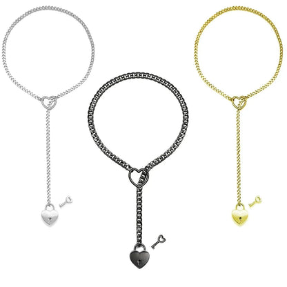Pure Elegance | Adjustable Heart O-Ring Punk Rock Cuban Chain Necklace – Lariat Y-Style Necklace with Key & Heart Lock Pendant