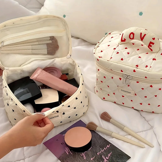 Pure Elegance | LOVE Mini Heart Print Soft Cotton Cosmetic Bags Korea Ins Storage Make Up Bags For Women Portable Travel Organizer Toiletry Bag
