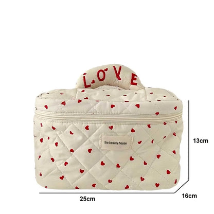 Pure Elegance | LOVE Mini Heart Print Soft Cotton Cosmetic Bags Korea Ins Storage Make Up Bags For Women Portable Travel Organizer Toiletry Bag