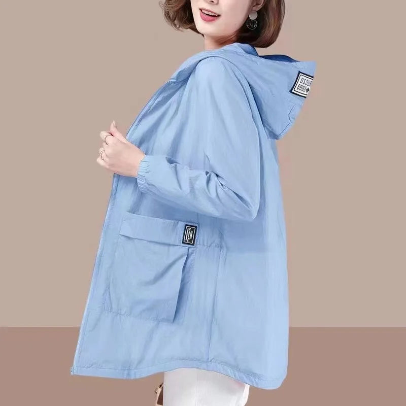 Pure Elegance | Spring Summer Women's Jacket Long Sleeve Tops Hooded Coat 2024 Thin Sun Protection Clothing Outdoor Sports Windbreaker Female blue CHINA